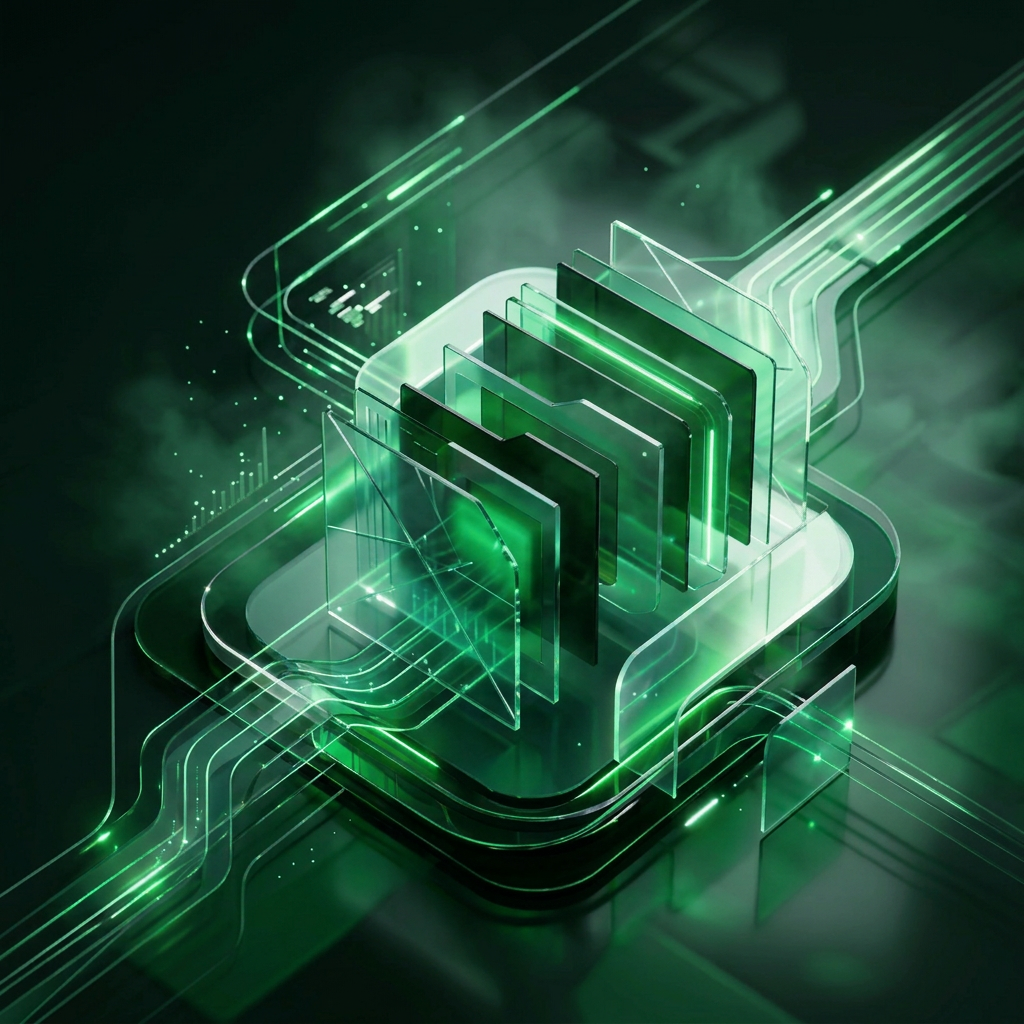 3D illustration of sealed records inside a glowing EpositBox vault, with data streams flowing in